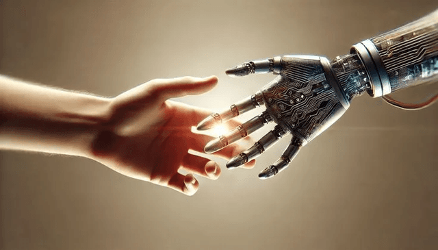 La imagen muestra la mano de un humanoide, así como la mano de un ser humano, ambas manos se acercan y tratan de tocarse.